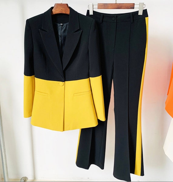 Women Colour-blocked Hot Pink Light Beige Blazer + Mid-High Rise Flare Trousers Pantsuit Suit US Size 0-14