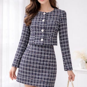 Custom Tweed Suit: Checked Crop Jacket + A-Line Skirt - Any length, Any size