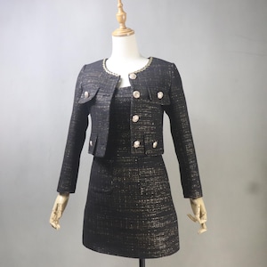 Black Tweed Dress Suit: Custom Fit Plus Size Crop Jacket & Convertible Length Dress with Gold Threads