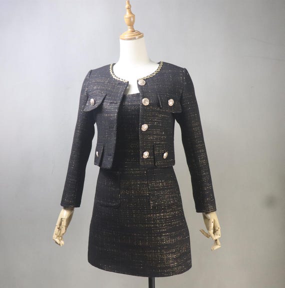 Black Tweed Dress Suit: Gold Thread Crop Jacket, Plus Size Formal Wear