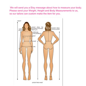 May include: Diagram showing how to measure the body for custom clothing. The diagram shows a person standing with lines indicating where to measure for height, sleeve length, shoulder to waist, upper arm circumference, bust, waist, hips, and length from waist.