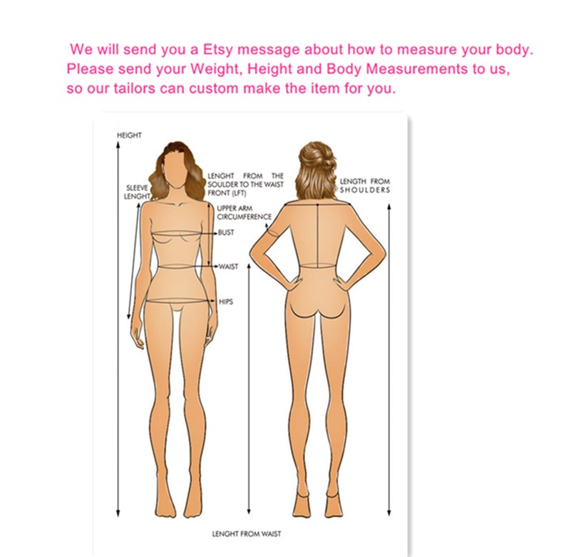 May include: Diagram showing how to measure the body for custom clothing. The diagram shows a person standing with lines indicating where to measure for height, sleeve length, shoulder to waist, upper arm circumference, bust, waist, hips, and length from waist.