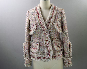 Multi-Color Tweed Jacket with Tassel Trim & Pearl Buttons – Custom Made, Plus Sizes