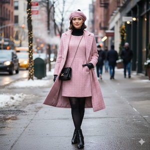 Custom Pink Tweed Long Coat Dress Suit – Plus Size, Any Length