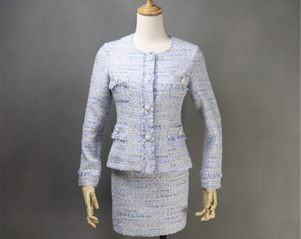 Blue Tweed Suit Custom Made in Plus sizes Pearl Buttons Jacket+ Skirt / Shorts Suit For Wedding Guest, Office Wear, Formal Event, Graduation