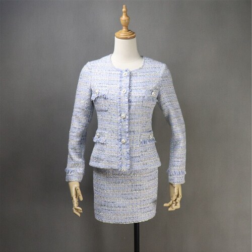 Womens Custom Made High Neck Pearl Buttons Blue Tweed Blazer - Etsy