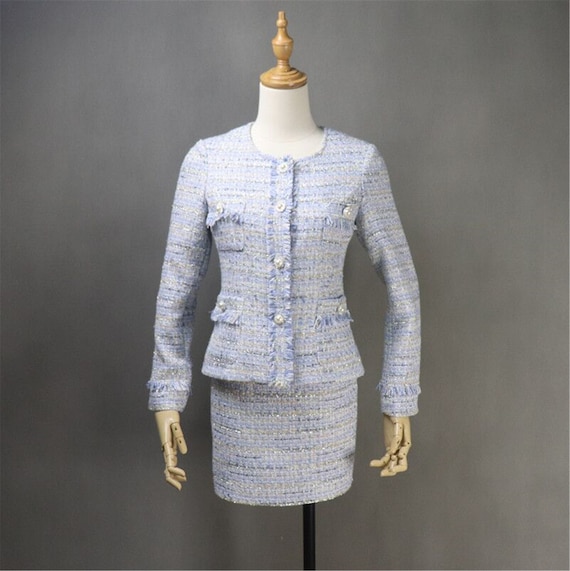 Women Custom Made Pearl Buttons Blue Tweed Jacket Skirt / 
