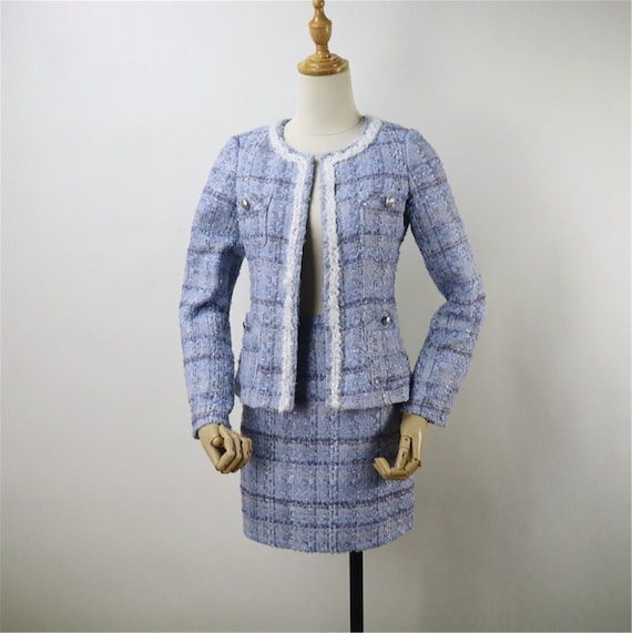 Womens Custom Made Check Pattern Tweed Jacket Skirt Suit 