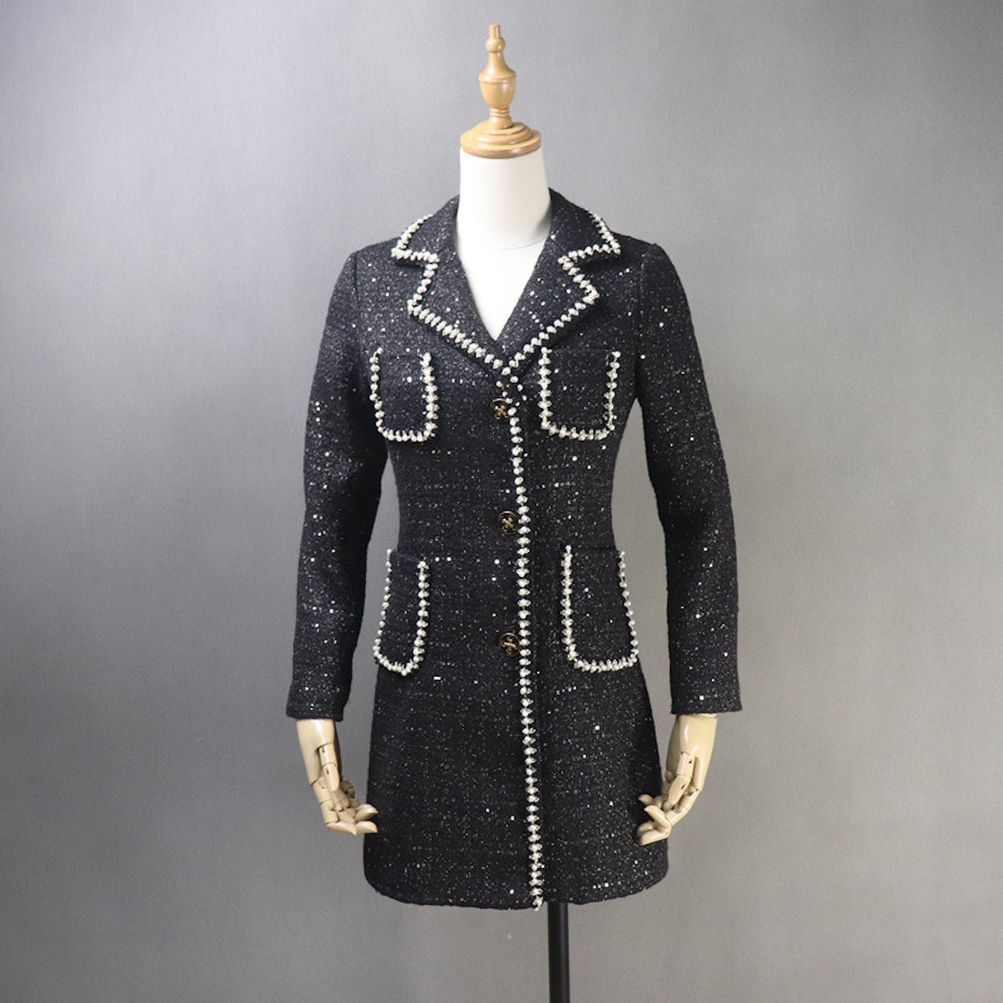 Women's Custom Made Pearls Sequinned Tweed Black Blazer -  Israel