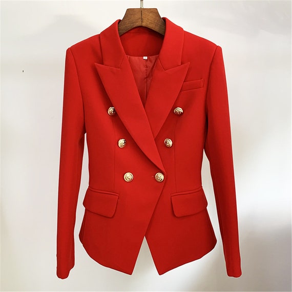 Fashionpioneer15 Women's Fitted Golden Buttons Coat Red Blazer, Christmas Party, Birthday Party, Evening Event, Formal Event, Office Wear, Smart Event