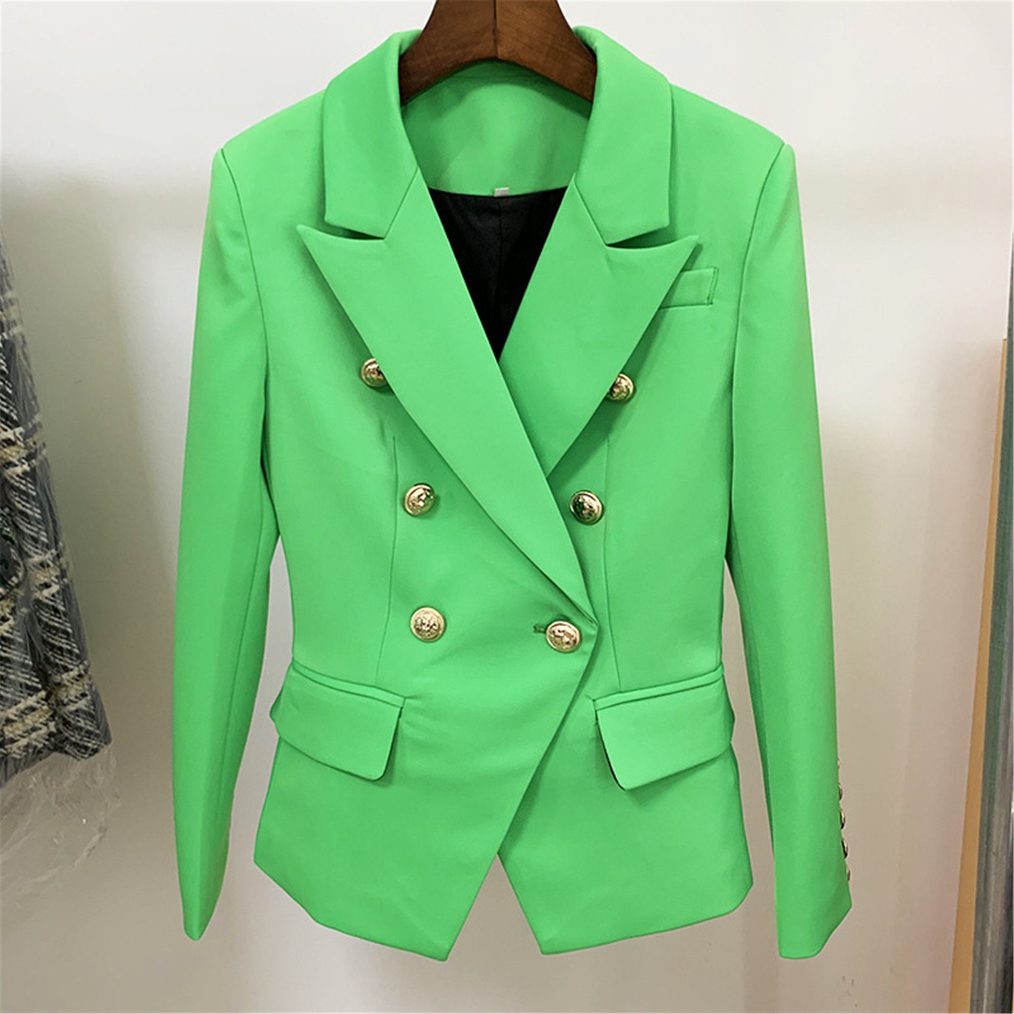 Women's Green Fitted Blazer Golden Buttons Coat