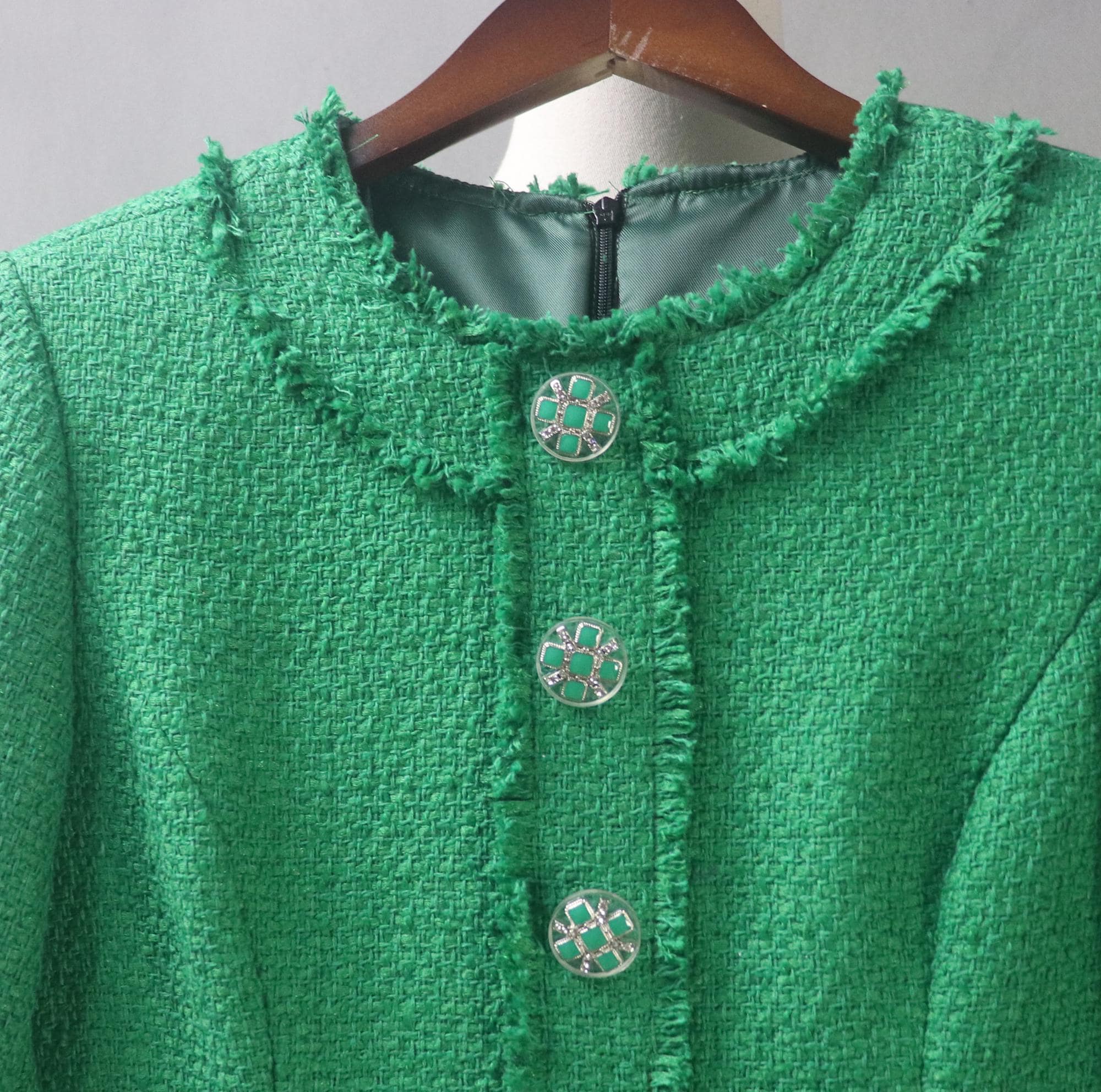 slim fit dress slacks Green Tweed Zip Front Mini Dress - All Dresses