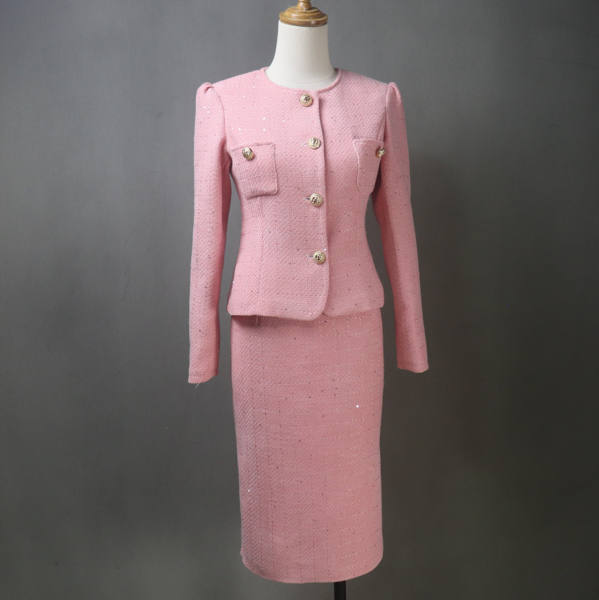 Custom Made Pink Midi Skirt Tweed Suit With Sequins | Plus