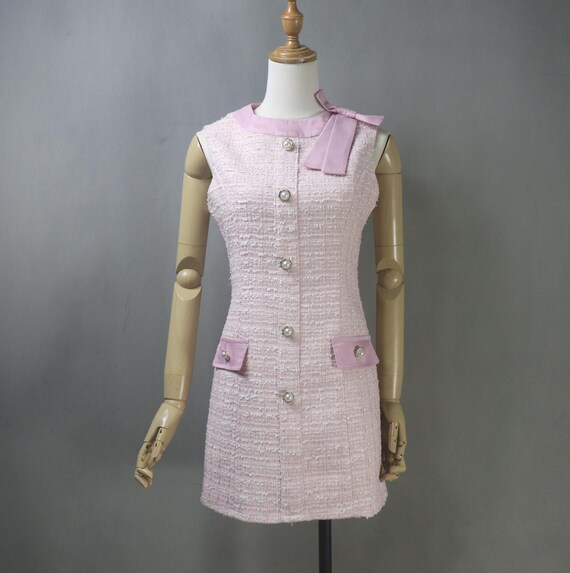 Custom Light Pink Tweed Dress - Bow Collar, Spring Summer Dress, Any Length