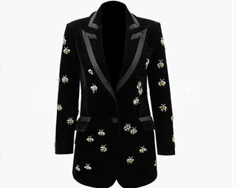 Vente d'échantillons ! Blazer ajusté en velours noir pour femme 8-10 bijoux Blazer brodé d'abeilles, blazer de soirée, représentation sur scène, casual chic