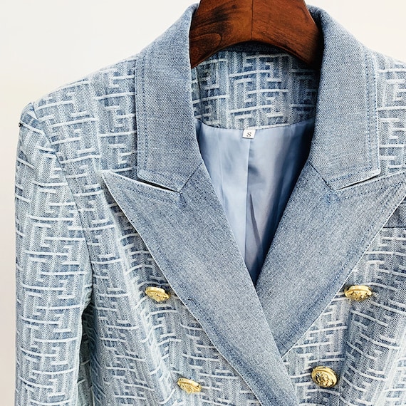 Women's Golden Buttons Fitted Denim Blazer Jacket Blue 