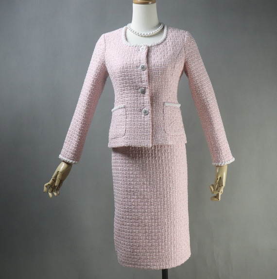 Light Pink Tweed Long Skirt Suit with Pearls Trim Custom Made Plus Size Wedding Guest Suit Winter Office Suit Graduation Christmas