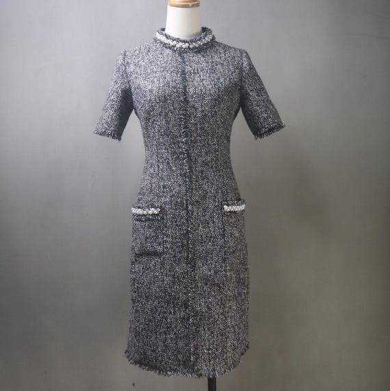 Custom Black Tweed Midi Dress  Women's Plus Size With Pearl Trim, Custom  Length - Etsy