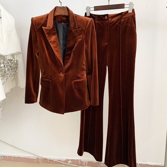 Women Velvet Bronze Green Purple Blazer + Mid-high Rise Flare Trousers Pants Suit