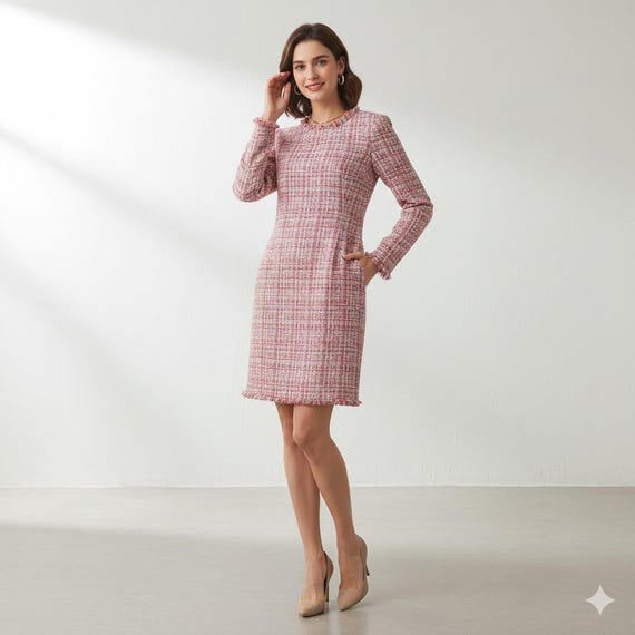 fitted lace wedding dress Voy Fitted Tweed Dress with Pearls and Bow in Pink L