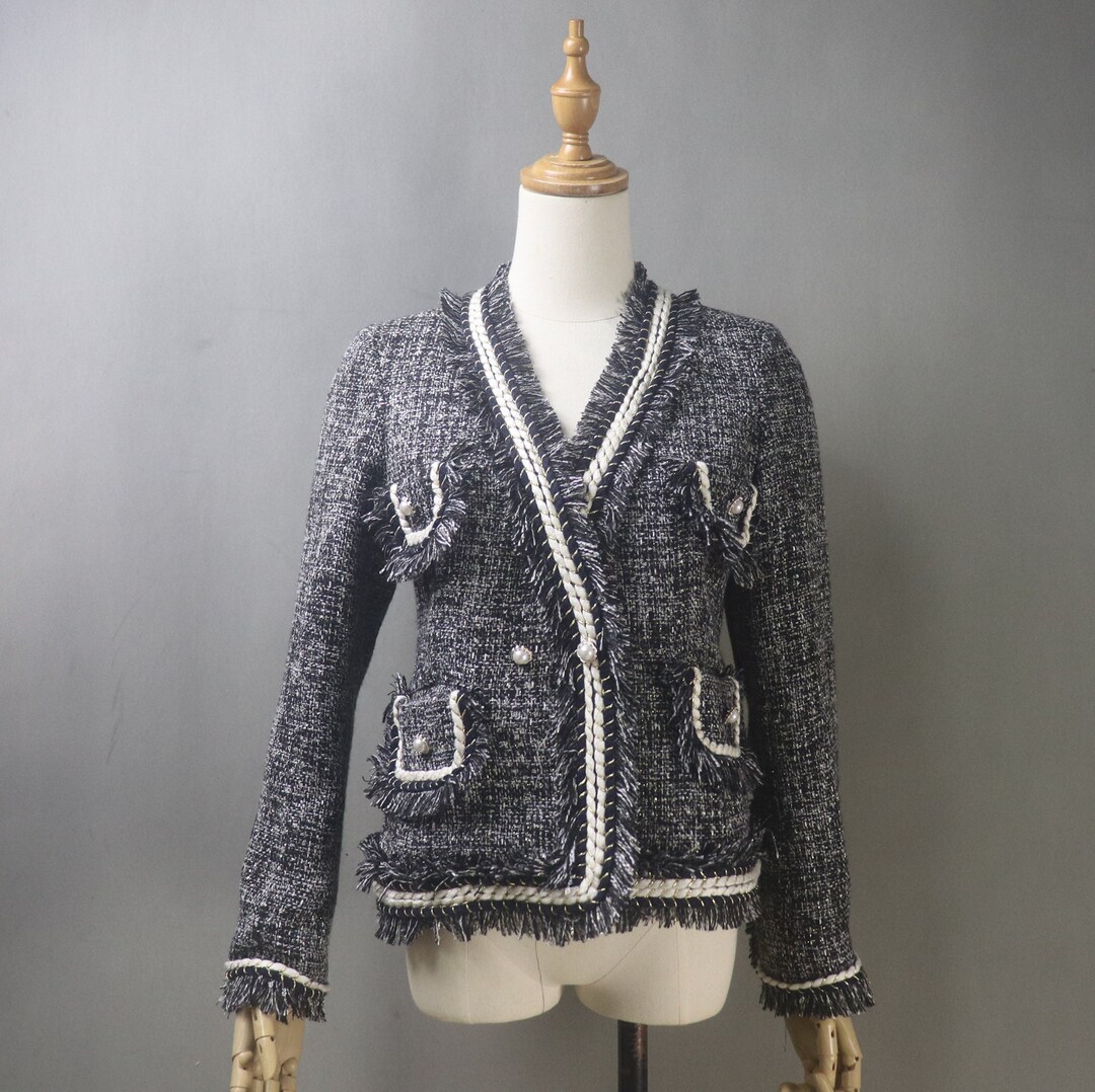 Black Tweed Stretch Waist-Defined Irregular Hem Jacket