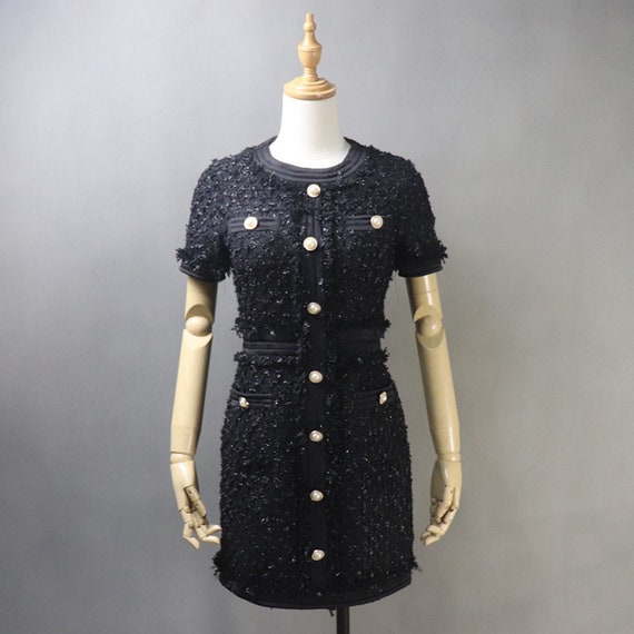 Women Custom Made Golden Buttons Luxury Tweed Black White 