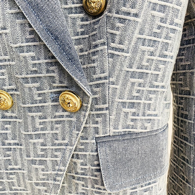 Women's Denim Blazer Golden Buttons Fitted Jacket Blue Abstract Pattern Blazer, Smart Casual Blazer, Birthday Party, Wedding Ceremony image 5