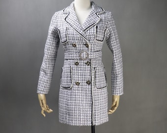 Women's CUSTOM MADE Jewellery Checked Double Breasted Tweed  Long Coat White