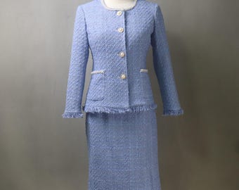 Blue Tweed Skirt Suit with Pearls – Custom Made Plus Size Luxury Dress Suit