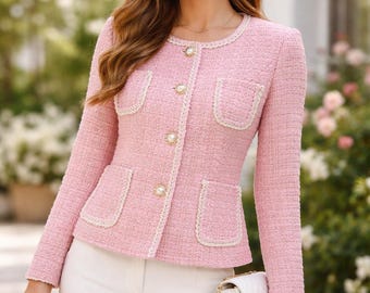 Roselle Pink Tweed Jacket – Pearl Button Blazer with Shorts, Skirt, or Trousers, Custom Made