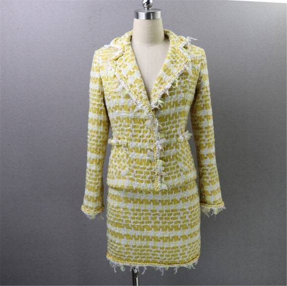 Womens Custom Made Yellow Tweed Blazer Skirt Suit 