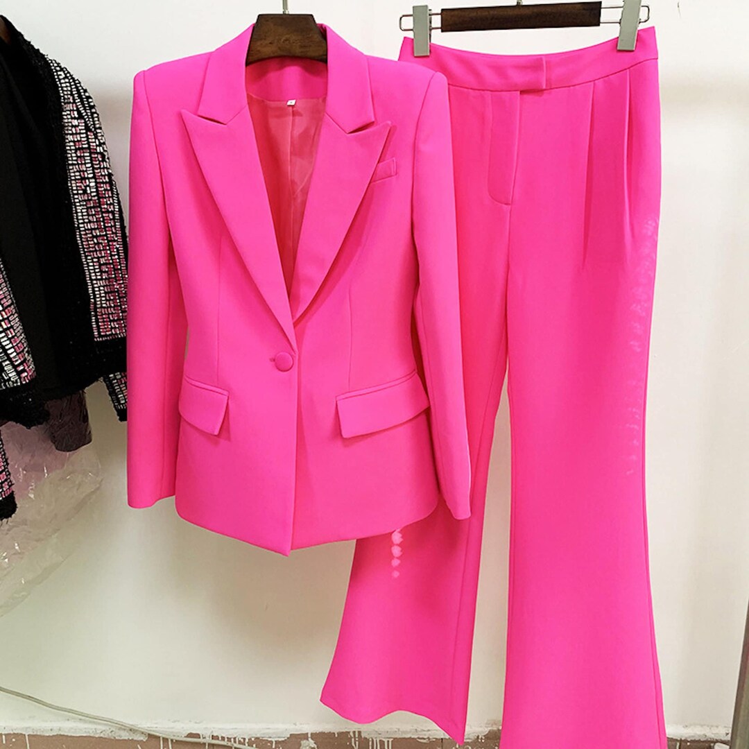 Women Hot Pink Blazer Flare Long Trousers Suit Office Wear - Etsy UK