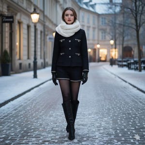 Custom Women’s Black Tweed Shorts Suit – Golden Chain Detail, Jacket with Matching Set Options