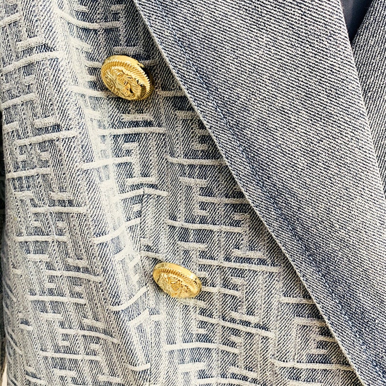 Women's Denim Blazer Golden Buttons Fitted Jacket Blue Abstract Pattern Blazer, Smart Casual Blazer, Birthday Party, Wedding Ceremony image 7