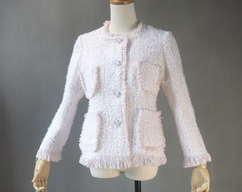 Women Custom Made Check Tweed Pink Colour Tassel Fringe Jacket 