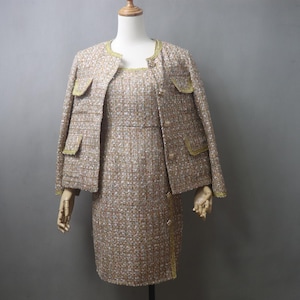 Custom made pastel tweed skirt suit on mannequin, women’s boucle jacket and sheath dress set with gold trim, tailored two piece outfit, available in any size and any length