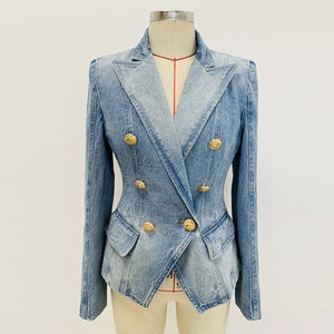 Denim Blazer Golden Buttons Fitted Denim Jacket Blue Blazer, Smart Casual Jacket for Wedding, Graduation, Holiday, Gift for Her, Office Wear