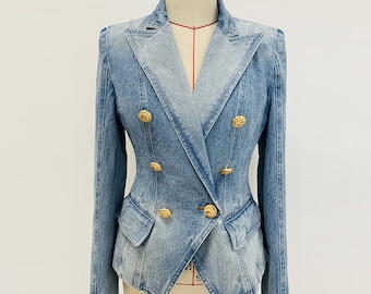 Denim Blazer Botones dorados Chaqueta de mezclilla ajustada Blazer azul, Chaqueta casual inteligente para boda, graduación, vacaciones, regalo para ella, ropa de oficina