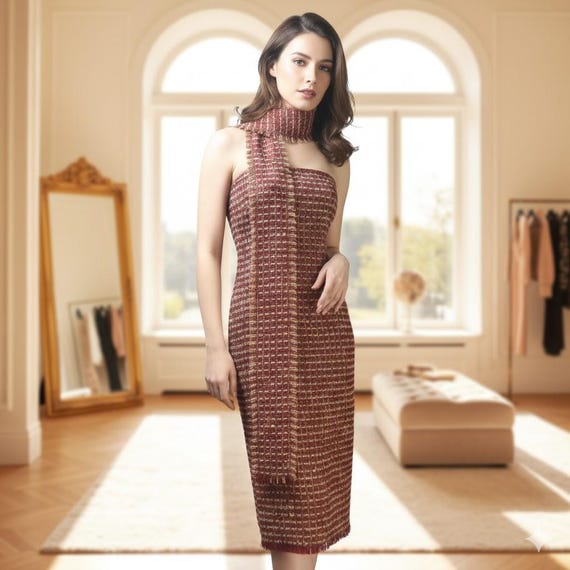 Burgundy Strapless Tweed Midi Dress with Scarf- Custom Made, Any Size & Length Burgundy Strapless Tweed Midi Dress with Scarf- Custom Made, Any Size & Length