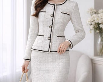 Custom Made  White Sequinned Tweed Jacket & Skirt Set : Any Size, Any length