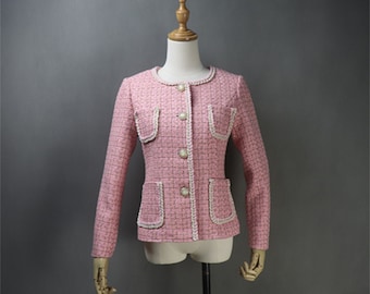 Custom Pink Tweed Women’s Suit – Pearl Button Blazer with Shorts, Skirt, or Trousers