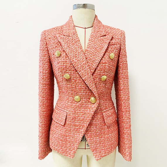 Luxury Women Golden Buttons Fitted Tweed Jacket Blazer Coral -  Hong  Kong