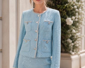 Custom Blue Tweed Skirt Suit – Any Length,  with Big Sequins,  Spring Summer Formal Set