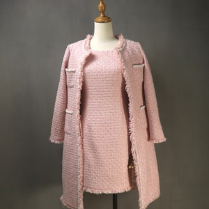 Pink Tweed Long Coat Dress Suit With Pearls & Tassel, Formal