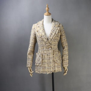 Giacca di media lunghezza su misura con bottoni in perle a quadri, cappotto beige, blazer+pantaloncini/gonne/pantaloni, cerimonia di nozze, giorno del discorso, giacca calda
