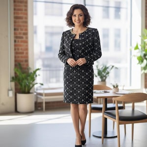 Tailored Black Tweed Dress and Jacket – Pearl Embellished Two-Piece, Custom Sizes & Length