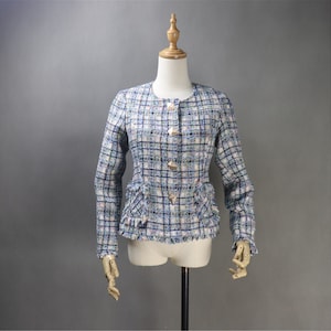 Blue Tweed Check Jacket: Custom Fit Plus Size Short Jacket for Women