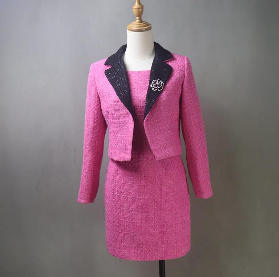 hot pink tweed dress Plus Size Short Sleeve Tweed Crew Neck, Margot Mini Dress in Hot Pink, Size 2X, For Office