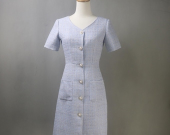 Blue Tweed V-Neck Dress – Bespoke Mini to Midi, Short or Long Sleeves, Formal, Wedding Guest, Graduation