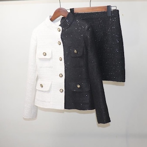 CUSTOM MADE White Black Suit Sequinned Tweed  High Neck Jacket Coat Blazer + Skirt Suit for Matching Set, Speech Day, Graduation, Plus sizes